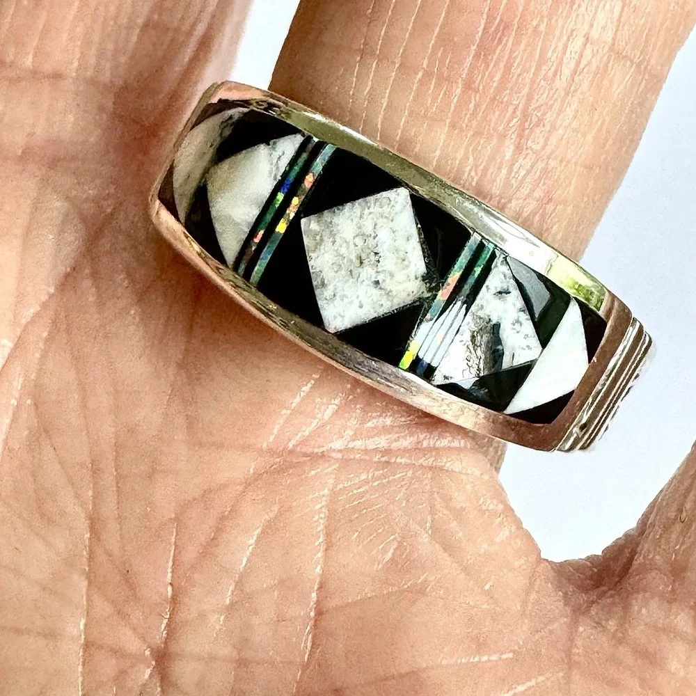 Navajo‎ Inlay Wedding Band Ring Sz 13 Opal White Buffalo 9mm Mens Signed Tolino